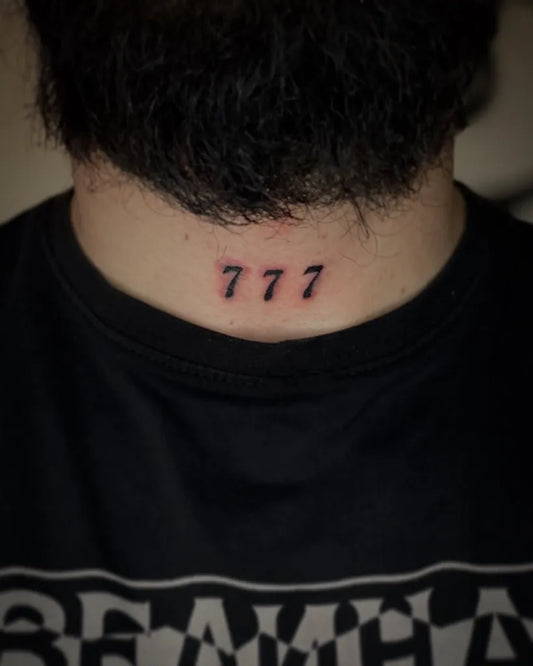 Small Blackwork 777 Tattoo on Men Neck by @mr.stupar_tattoo