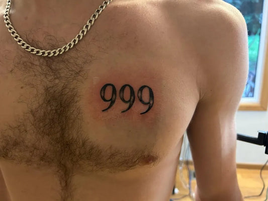 Small Blackwork 999 Tattoo on Men Chest by @congtatu_mtv