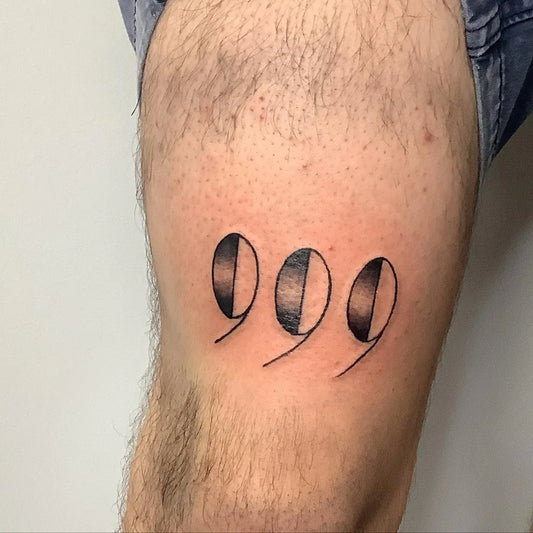 Small Blackwork 999 Tattoo on Men Thigh by @thepainteddogg