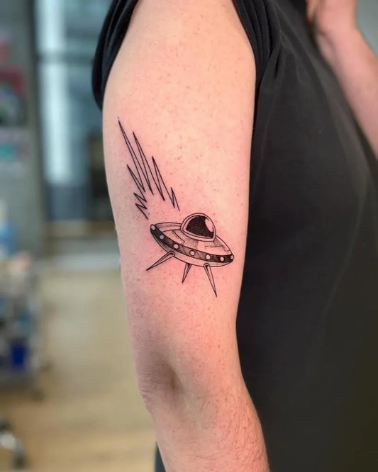 Small Blackwork Alien UFO Tattoo on Men Arm by @bensongascon