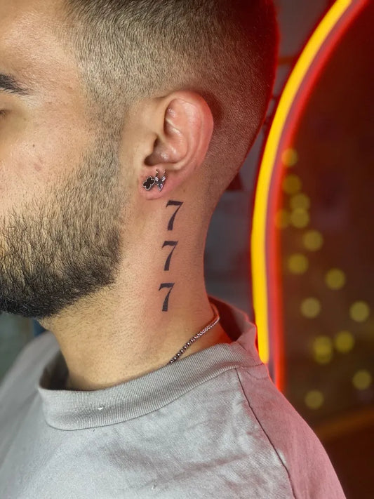 Small Blackwork Angel Number 777 Tattoo on Men Neck by @echtatoo