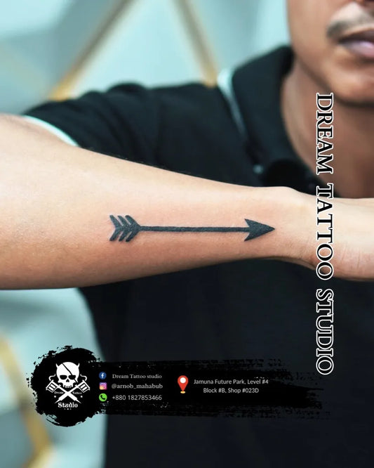 Small Blackwork Arrow Tattoo on Men Forearm by @dream_tattoo_studi0