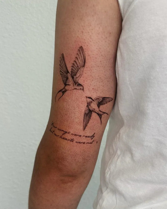 Small Blackwork Birds Tattoo on Women Arm by @soul_imagez_dublin