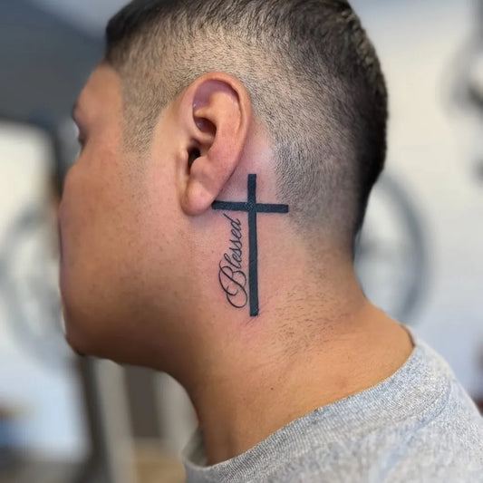 Small Blackwork Blessed Cross on Men Neck Tattoo by @jersey_tattoos