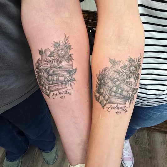 Small Blackwork Books and Sunflowers on Couple Arms Matching Tattoo by @amntattoos