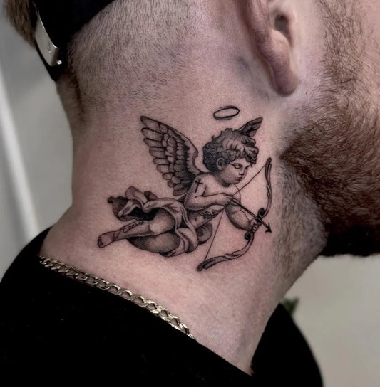 Small Blackwork Cherub Tattoo on Men Neck by @ratzilla.tattoo