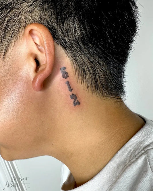 Small Blackwork Chinese Characters Number Tattoo on Men Neck by @hausofaesthete
