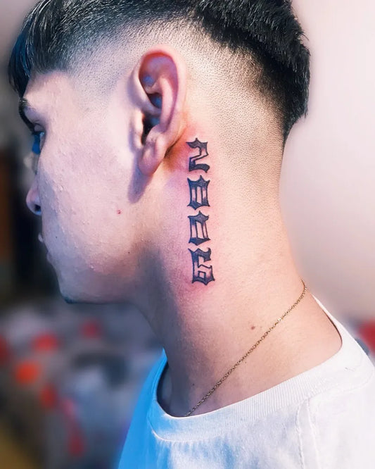 Small Blackwork Chinese Characters Number Tattoo on Men Neck by @tattoo.becky