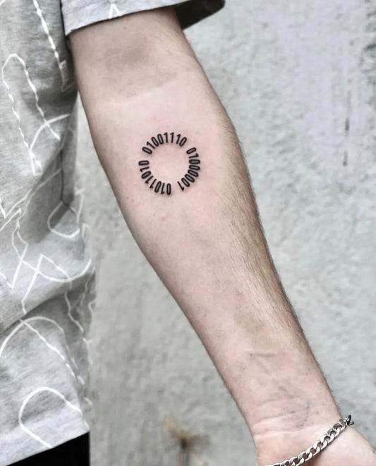 Small Blackwork Circular Text Tattoo on Men Arm by @hygge.skinart