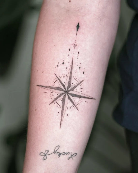 Small Blackwork Compass and Stars on Women Arm Tattoo by @soul_imagez_tattoo