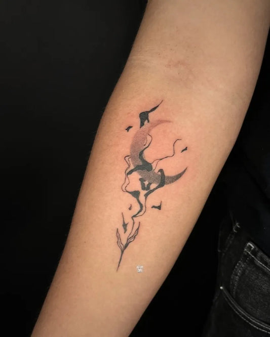 Small Blackwork Crescent Moon and Birds Tattoo on Women Arm by @emmipokes
