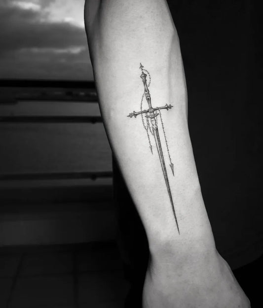 Small Blackwork CrossedSword Tattoo on Men Arm by @jeon______