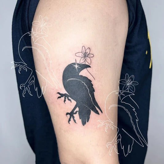 Small Blackwork Crow with Flower Women Arm by @sleepykattatt