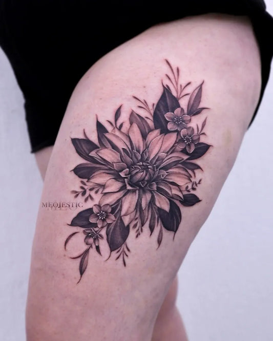 Small Blackwork Dahlia and Leaves on Women Thigh Tattoo by @meojestic