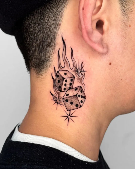 Small Blackwork Dice and Flames Tattoo on Men Neck by @jae_tatt