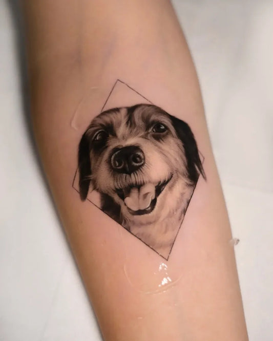 Small Blackwork Dog Tattoo on Women Arm by @silviacastillotattoo