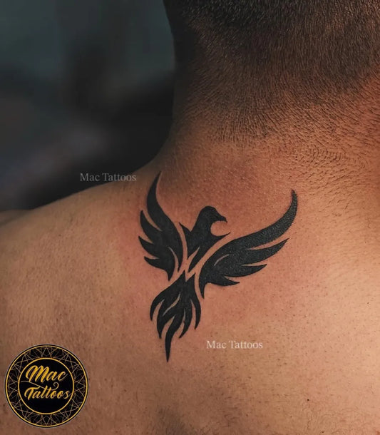 Small Blackwork Eagle Tattoo on Men Neck by @mac_tattoos_original