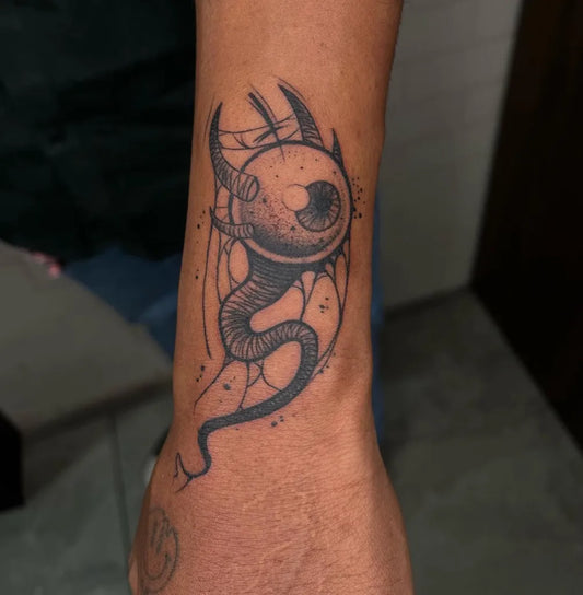 Small Blackwork Evil Eye with Spiderweb on Men Arm Tattoo by @sachinnthokal