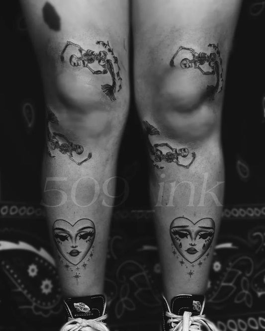 Small Blackwork Face and Spiderweb Tattoo on Women Knee by @509inked