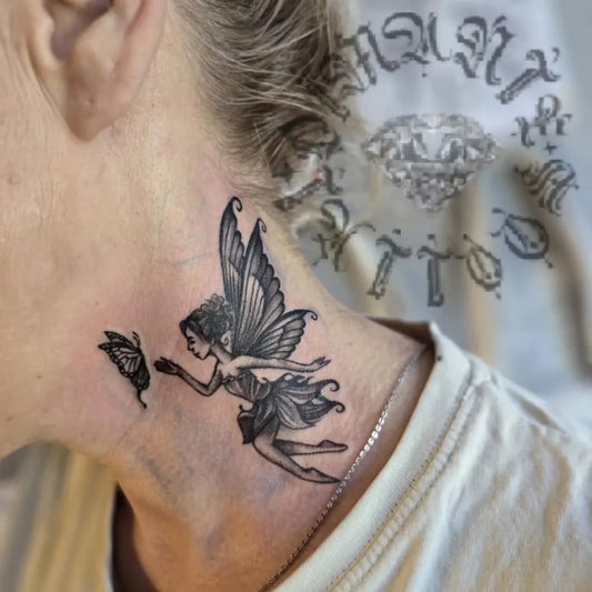 Small Blackwork Fairy and Butterfly on Women Neck Tattoo by @dimanteeva