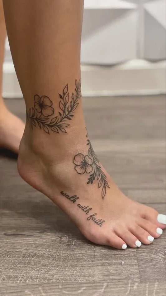 Small Blackwork Flower Vine Tattoo on Women Ankle by @tattoosbymermeg