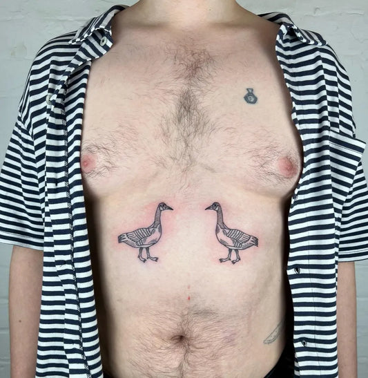 Small Blackwork Geese Tattoo on Men Stomach by @jack_henry_tattoo