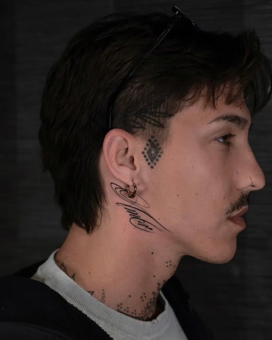 Small Blackwork Geometric Lines Tattoo on Men Behind the Ear by @evylbundy