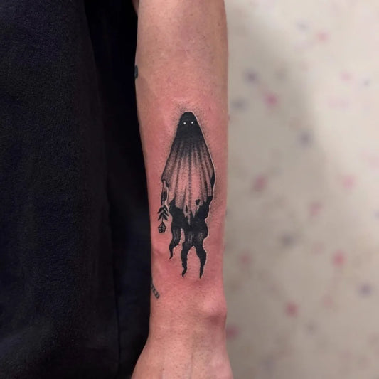 Small Blackwork Ghost with Rose Tattoo on Women Arm by @thayttoo