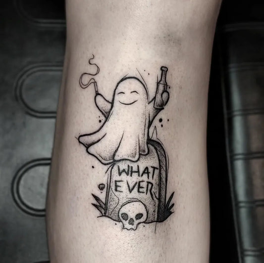 Small Blackwork Ghost with Tombstone Halloween Tattoo on Women Leg by @theelectricant