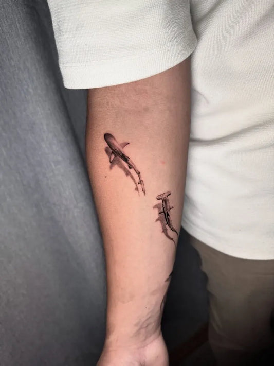Small Blackwork Hammerhead Shark on Men Arm Tattoo by @rain__tattoo
