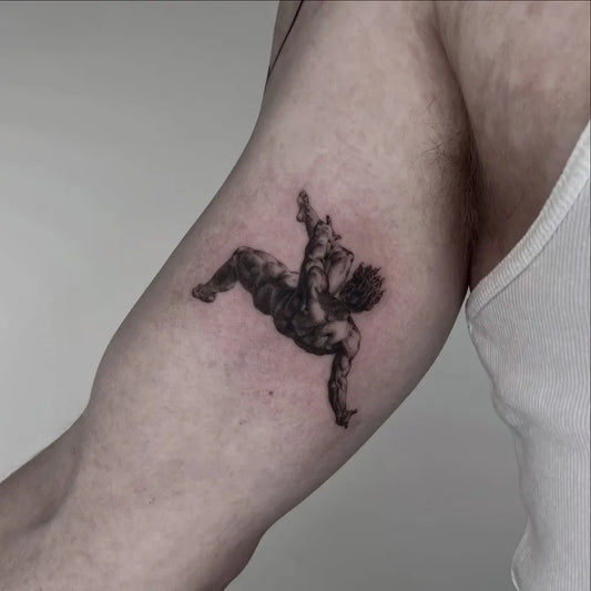 Small Blackwork Icarus Falling on Men Arm Tattoo by @laurenmercedes_art