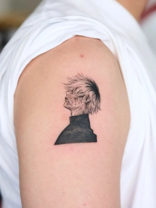 Small Blackwork Kaneki on Men Arm Tattoo by @amamatattoo