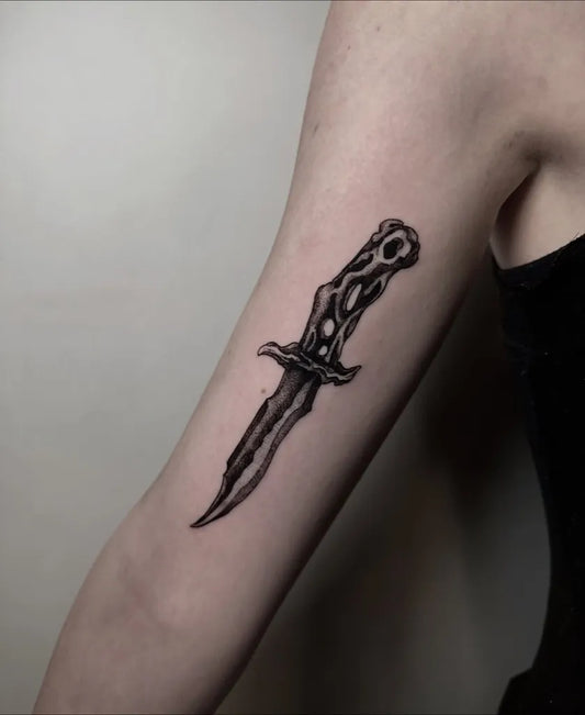 Small Blackwork Knife Tattoo on Women Arm by @trustnoaji