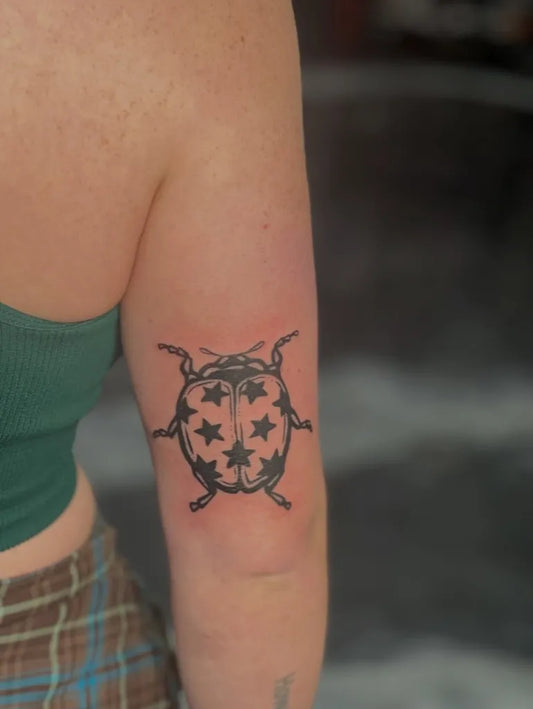 Small Blackwork Ladybug with Star Pattern Tattoo on Women Arm by @shygirlink