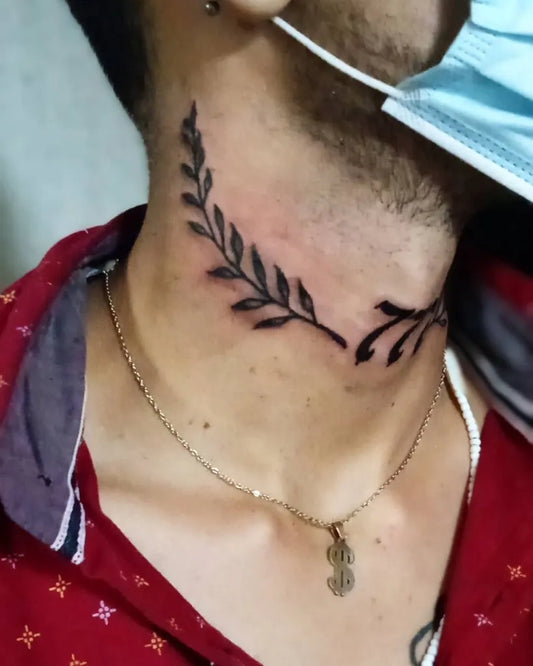 Small Blackwork Laurel 777 Tattoo on Men Neck by @ruiz_tattoo01