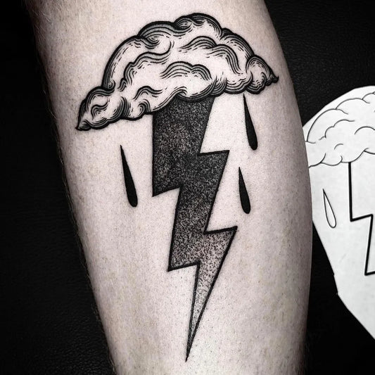 Small Blackwork Lightning Bolt Cloud and Rain Tattoo on Men Forearm by @jaredxhughes