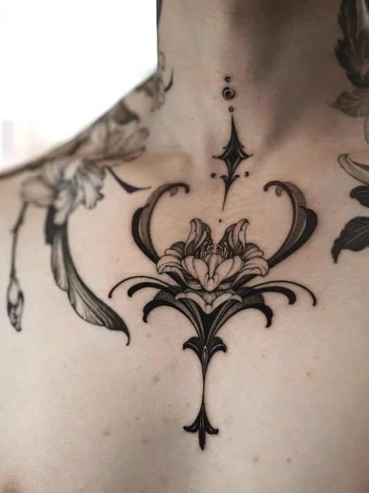 Small Blackwork Lily and Ornaments on Women Neck Tattoo by @illo_ttt