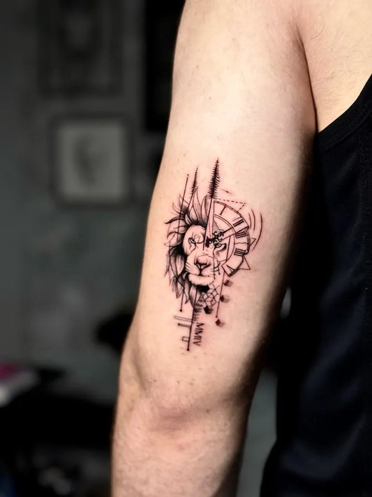 Small Blackwork Lion Geometric Face on Men Arm Tattoo by @rebirthtattooss