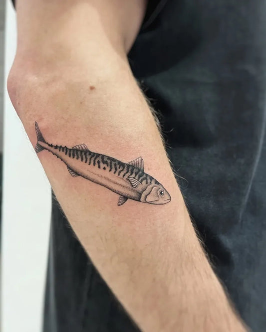 Small Blackwork Mackerel Fish Tattoo on Men Arm by @clairedaisytattoos