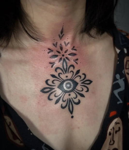 Small Blackwork Mandala Eye Tattoo on Women Neck by @ricky.indraa