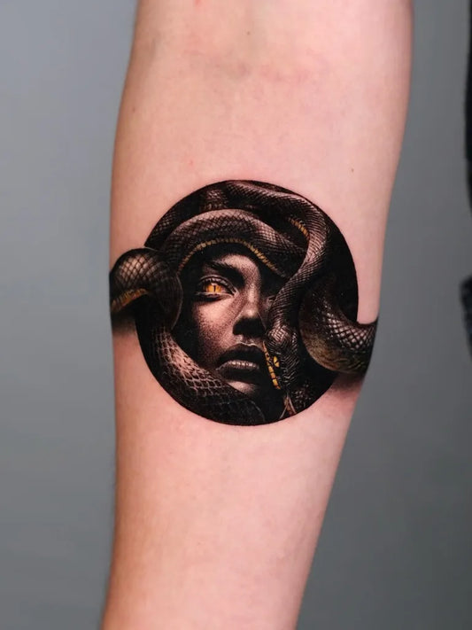 Small Blackwork Medusa Snakes on Women Arm Tattoo by @d.gone_ttt