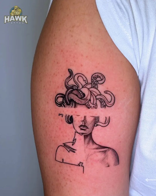Small Blackwork Medusa on Women Arm Tattoo by @hawktattooofficial
