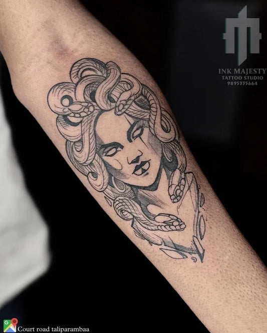 Small Blackwork Medusa on Women Arm Tattoo by @inkmajestytattoo