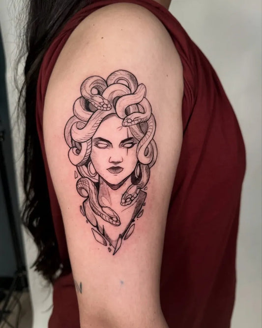 Small Blackwork Medusa on Women Arm Tattoo by @inkmazer