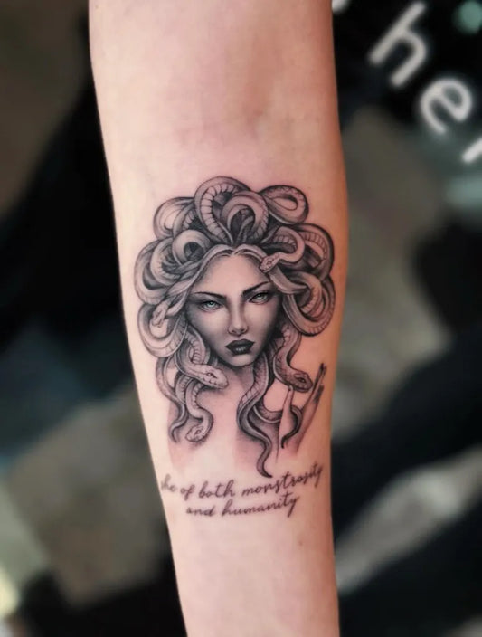 Small Blackwork Medusa on Women Arm Tattoo by @ms_aleen