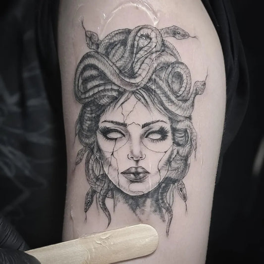 Small Blackwork Medusa on Women Arm Tattoo by @nupike.tattoo