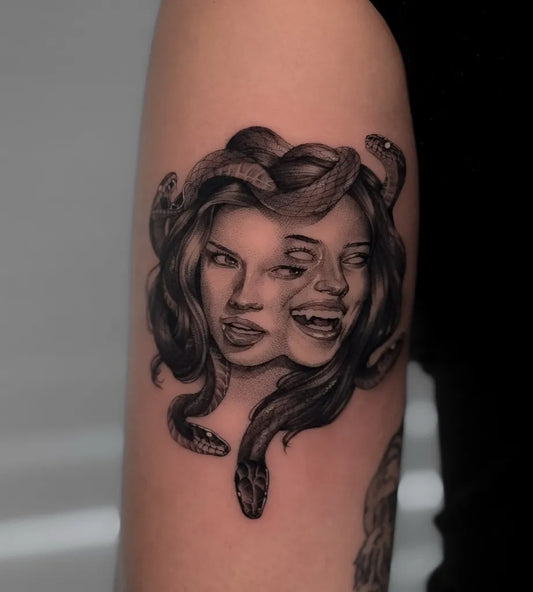 Small Blackwork Medusa on Women Arm Tattoo by @victoria.tattoos