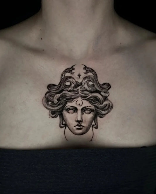 Small Blackwork Medusa on Women Chest Tattoo by @crying_hound