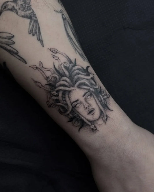 Small Blackwork Medusa with Snakes on Women Arm Tattoo by @dzialarwa
