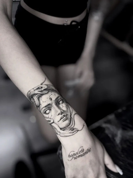 Small Blackwork Medusa with Snakes on Women Wrist Tattoo by @martin_b_ttt